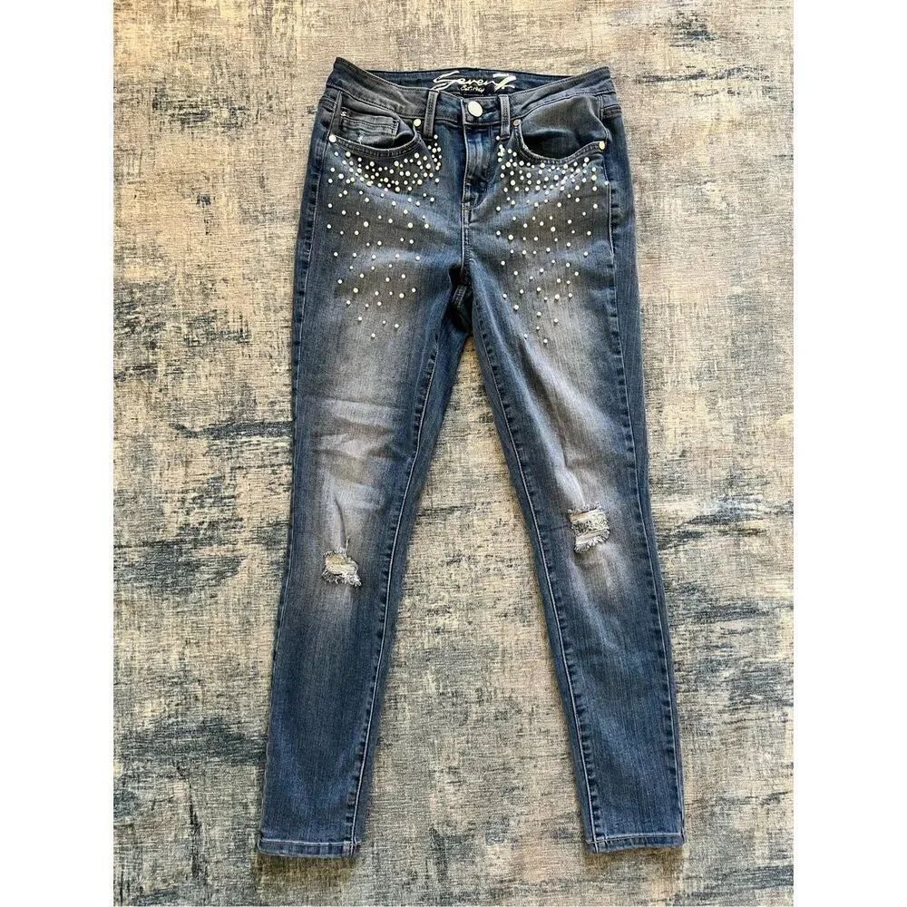 Seven7 Distressed Faux Pearl Mid Rise Skinny Size 4